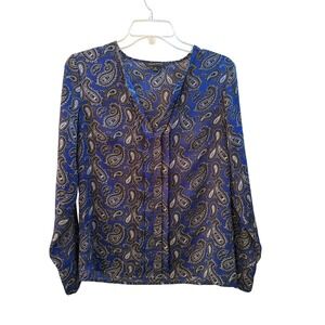 Banana Republic Womens Paisley Split Neck Pleated Blouse Long Sleeve Boho Sz XS